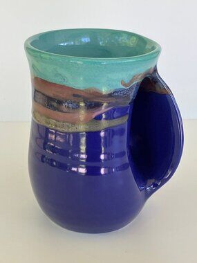 2018 Neher Pottery Blue Teal Drip Glaze Right Handed Handwarmer Mug - signed